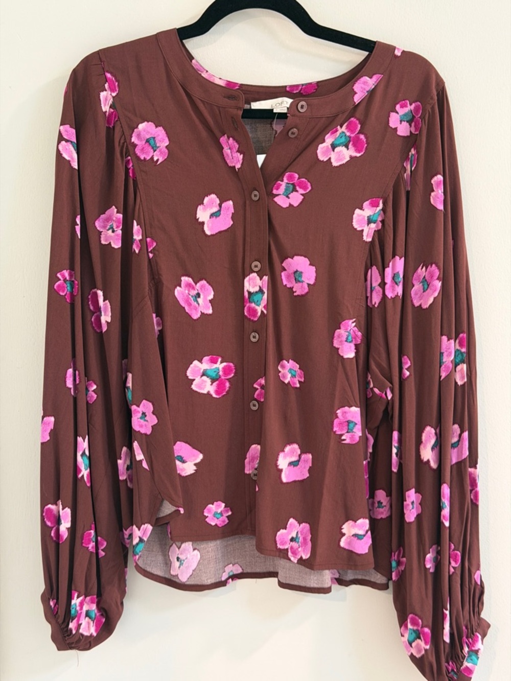 LOFT Floral Blouse Size Small Brown Pink Long Sleeve Button Front NWT